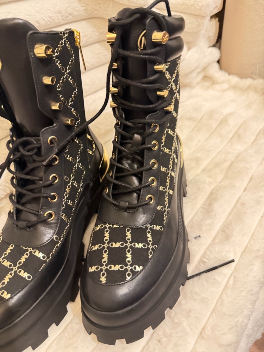 Michael Kors Black Platform Lace-Up Logo Combat Boots with Gold Accents - Picture 2 of 6